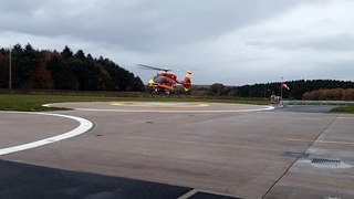 Midlands Air Ambulance taking off from its base at Cosford, Shropshire