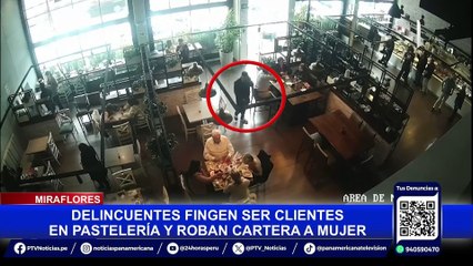 Pareja de delincuentes en traje roba cartera en pastelería de Miraflores