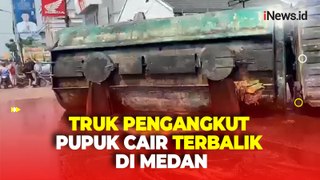 Diduga Parit Amblas saat Parkir, Truk Pengangkut Pupuk Cair Terguling di Medan