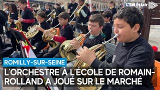 Les CM1 de l’Orchestre à l’école de Romain-Rolland ont joué sur le marché de Romilly-sur-Seine