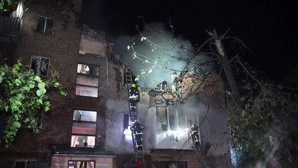 Ukrainian emergency services at site of deadly Russian strikes in Kharkiv