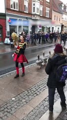 面白いガチョウがデンマークの街をパレードする