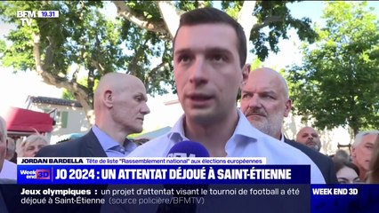 Attentat déjoué pour les JO à Saint-Étienne: "Le nombre de bombes humaines présentes sur le sol français est tel que nous pourrions craindre, évidemment, des débordements", réagit Jordan Bardella (RN)