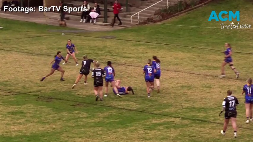Yass Magpies halfback Jenna Cooke steamrolls her opposition to score a sensation try in the Katrina Fanning Shield.