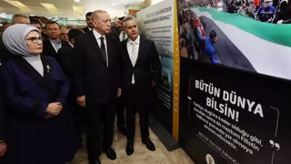 Cumhurbaşkanı Erdoğan, İsrail'in Filistin'e yönelik 76 yıllık zulmünü anlatan sergiyi ziyaret etti