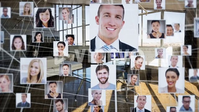 Animation of network of connections with user photos over office interior