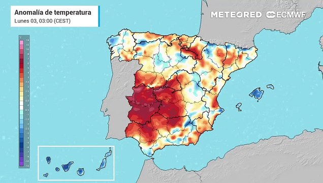 Anomalías de temperaturas previstas a 850 hPa: cálidas en rojas y frías en azules