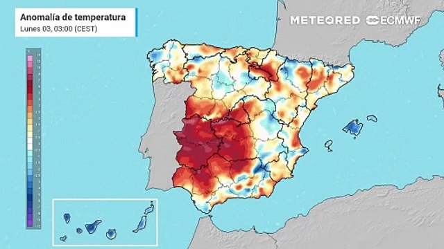 Anomalías de temperaturas previstas: cálidas en colores rojos y frías en azules