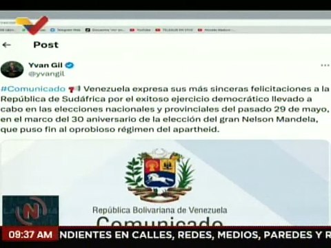 Venezuela felicita a Sudáfrica por comicios nacionales y provinciales celebrados el 29 mayo