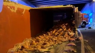 30 tonnes of ham scattered across road after lorry overturns in Madrid tunnel