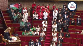 La députée LFI, Rachel Keke, brandit un drapeau de la Palestine à l'Assemblée nationale