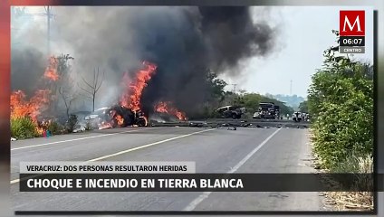 Download Video: Choque e incendio de vehículos deja dos heridos en Tierra Blanca, Veracruz