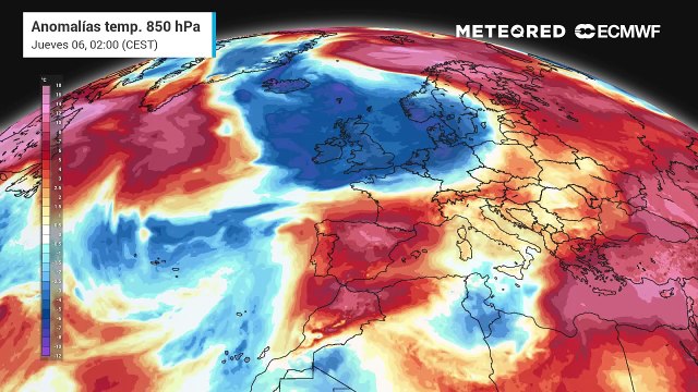 Anomalías previstas de temperatura a 850 hPa por el modelo ECMWF: frías en escala de azules y cálidas en rojos