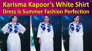 Karisma Kapoor pulls off White in Style with Shirt Dress with Blue Motifs