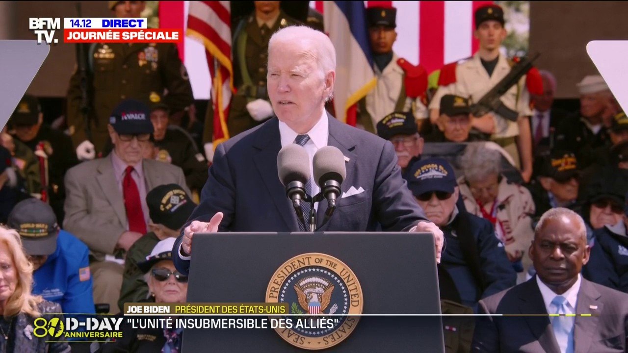 "L'isolationnisme n'était pas la réponse il y a 80 ans et ce n'est pas la réponse aujourd'hui" déclare Joe Biden lors de la cérémonie franco-américaine