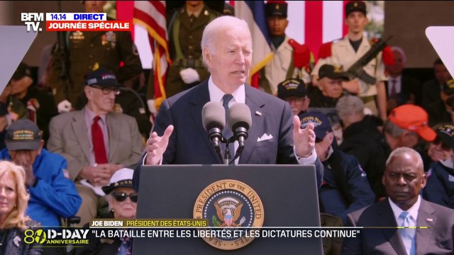 Les autocrates du monde entier regardent de très près tout ce qu'il se passe en Ukraine, souligne Joe Biden lors de la cérémonie franco-américaine du Débarquement