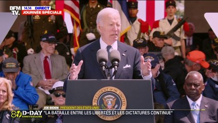 "Les autocrates du monde entier regardent de très près tout ce qu'il se passe en Ukraine, souligne Joe Biden lors de la cérémonie franco-américaine du Débarquement