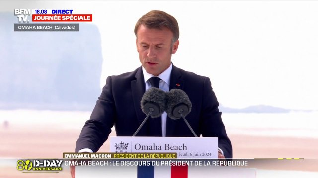 Nous sommes tous, aujourd'hui, des enfants du Débarquement , affirme Emmanuel Macron lors du 80e anniversaire du D-Day à Omaha Beach