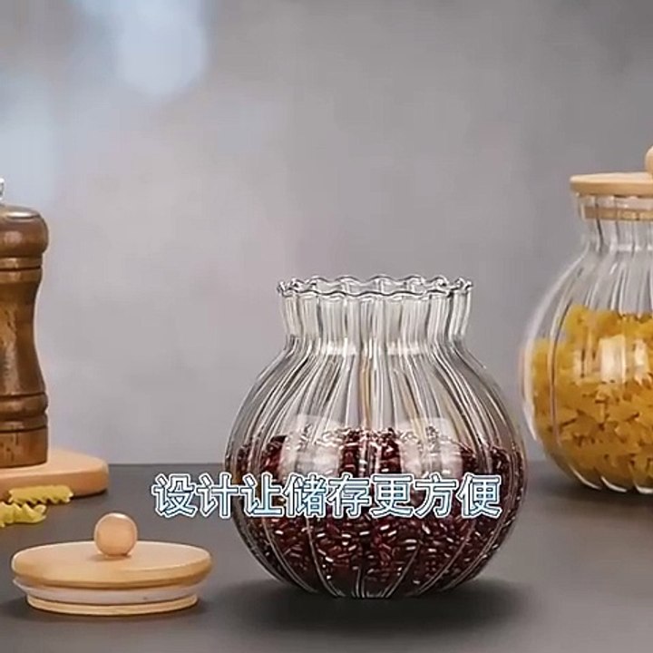 large glass pumpkin jars with bamboo wooden lids for kitchen