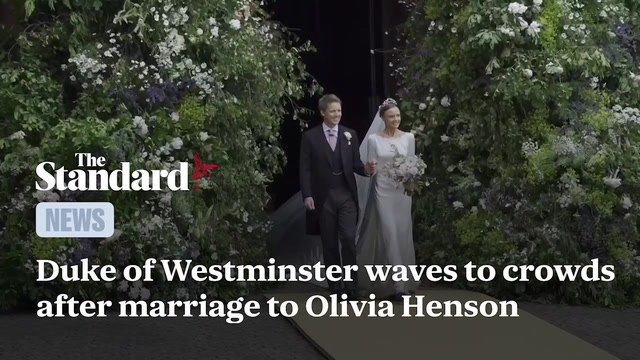 Duke of Westminster waves to crowds after marriage to Olivia Henson
