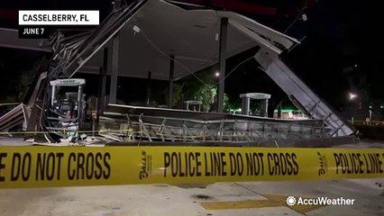 Gas station canopy shredded during tornado-warned storm