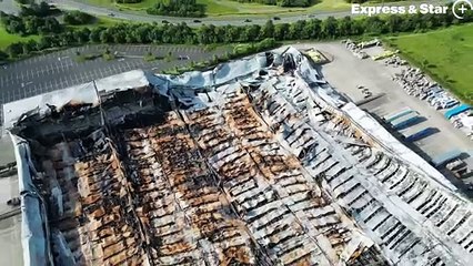 Aerial footage over the former Super Smart Service building, Cannock, which was destroyed by fire a month ago.