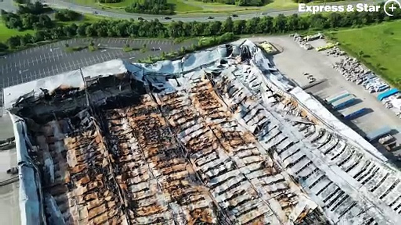 Aerial footage over the former Super Smart Service building, Cannock, which was destroyed by fire a month ago.