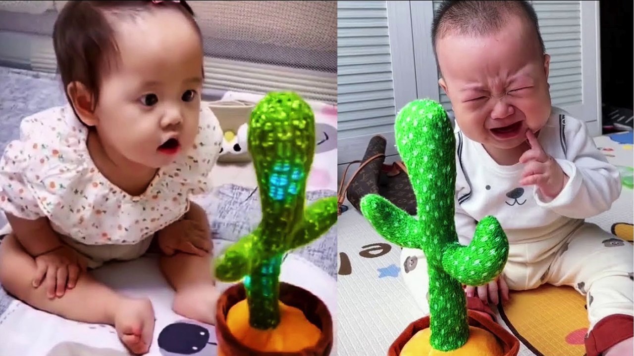 Babies play dancing cactus toy. Cutest baby funniest moments.