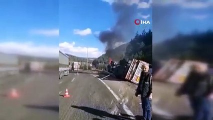 Devrilen tır alev alev yandı
