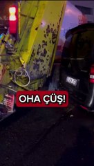 Çöp arabası yolu kapatan aracı ezdi geçti