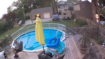 Guy Almost Falls Into Pool When Chair Topples Over