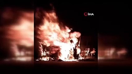 Halk otobüsü alev alev yandı