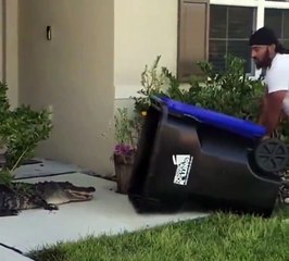 Bahçesine giren timsahı çöp kutusuyla yakaladı