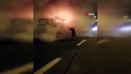 Otoyolda tanker alev aldı