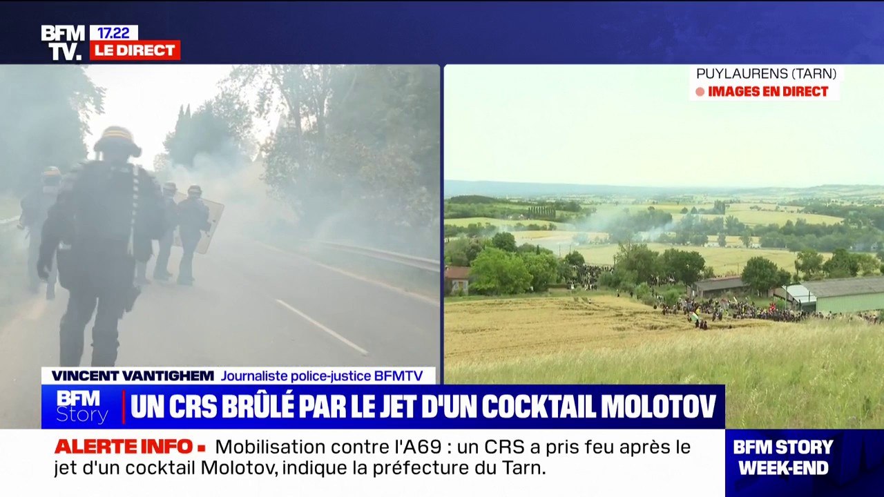Manifestation contre l'A69: la préfecture du Tarn annonce qu'un CRS a pris feu dans les affrontements