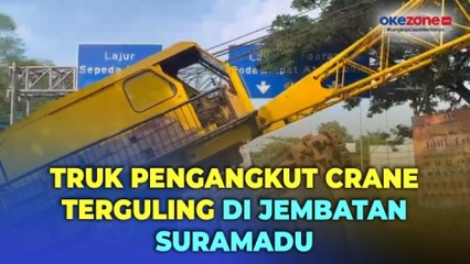 Truk Muatan Crane Terguling di Pintu Masuk Jembatan Suramadu