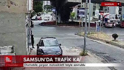 Samsun'da otomobile çarpan motosikletli böyle savruldu