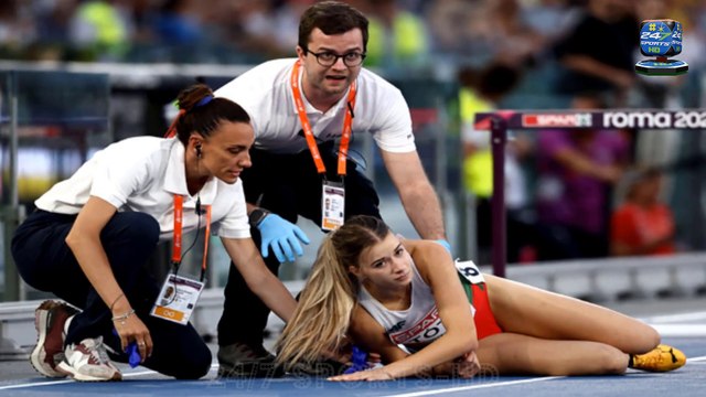 Horror Moment Athlete Faceplants on Track after Crashing through two Hurdles at Euro- Championships