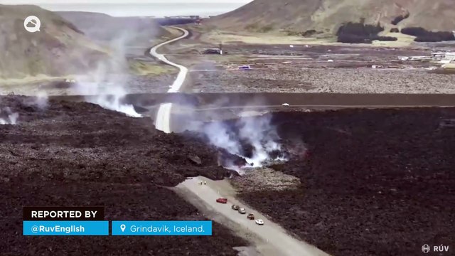 Impressive lava flows block the road to Grindavik, Iceland