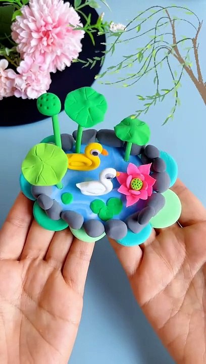 Title- 'Tranquil Pond Scene- Simple Clay Handiwork for a Summer Day'Hashtags- #HandmadeDIY #KindergartenHandmade #ClayHandmade #SummerHandmade #SuperLightClay_20240610_011259