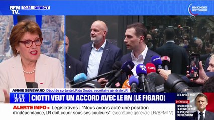 Alliance RN/LR: "Je pense que la ligne d'indépendance, courir sous nos couleurs est la bonne ligne", répond Annie Genevard (députée sortante LR)