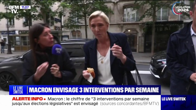 Ça nous va bien : Marine Le Pen réagit au fait qu'Emmanuel Macron envisage de s'exprimer trois fois par semaine d'ici les législatives