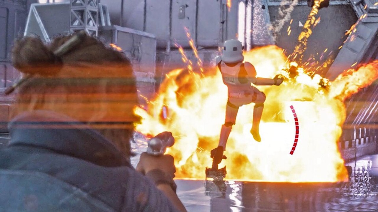 Star Wars Outlaws: Mit gezücktem Blaster werden reihenweise Sturmtruppen abgeschossen