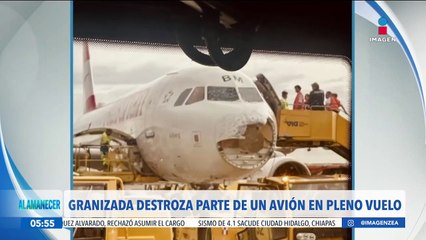 Granizada destroza la nariz y el parabrisas de un avión