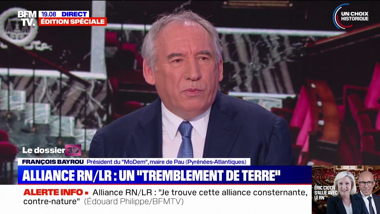 "Est en train de se lever et de se former dans le pays, un mouvement qui dit non à l'extrême droite et non à l'extrême gauche", décrit François Bayrou