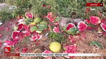 Samsun'da yol kenarına atılan karpuzlar dikkat çekti