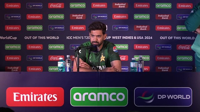 Pakistan's Haris Rauf reacts to their T20 World Cup victory over Canada