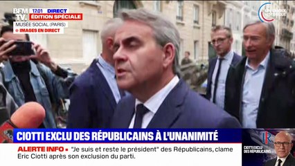 Exclusion d'Éric Ciotti: "Il en sera de même pour tous les candidats qui seraient soutenus ou investis par le Rassemblement national", assure Xavier Bertrand