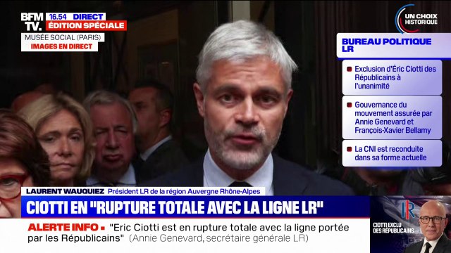 Éric Ciotti exclu de LR: Je ne suis pas fier de l'image qu'a apportée la politique ces derniers jours , déclare Laurent Wauquiez à l'issue du bureau politique