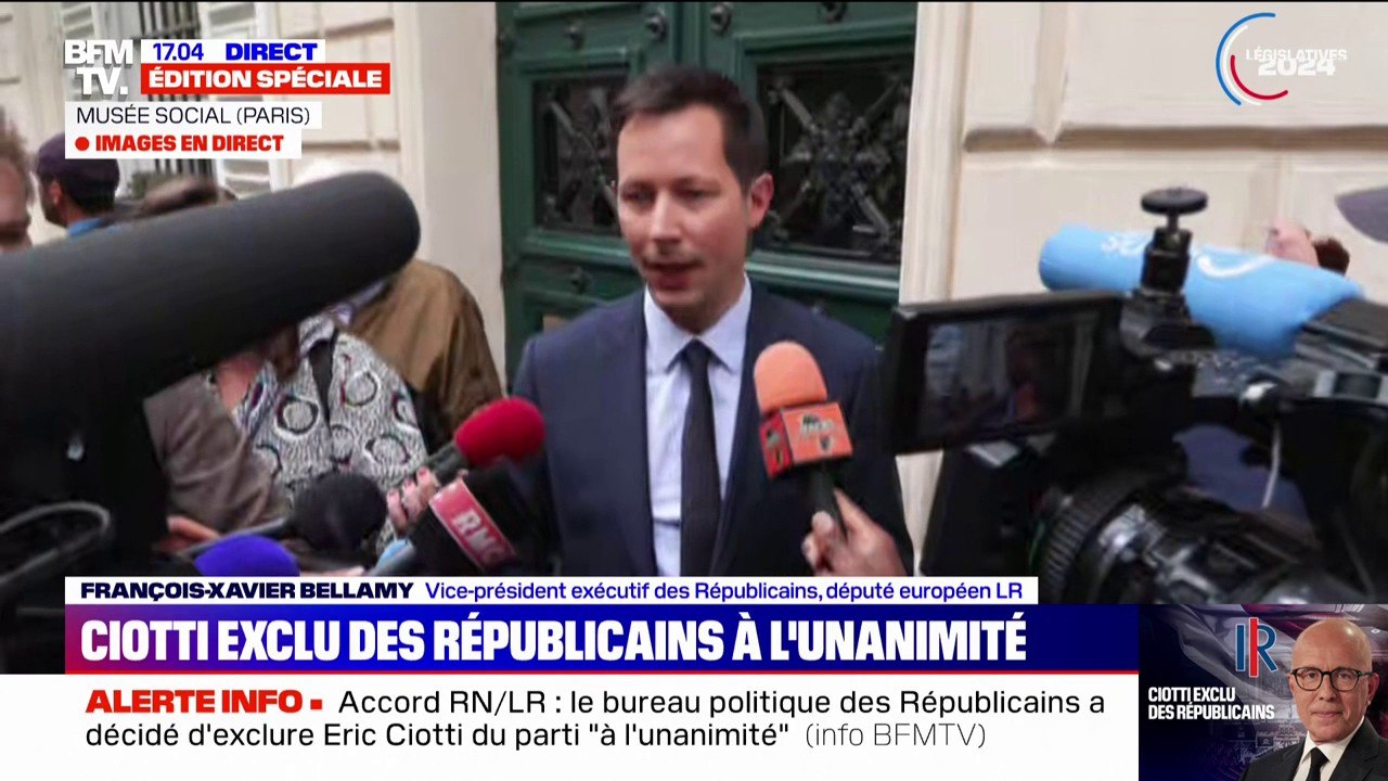 Exclusion d'Éric Ciotti: "Elle est le résultat des incohérences (...) qui de tous bords ont sali la vie démocratique", affirme François-Xavier Bellamy (président des Républicains par intérim)